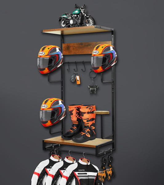 NANXITU Motorcycle Helmet Rack Wall Mount, Retro Rust Helmet Holder with Wood Floating Shelf and Hooks for Storage