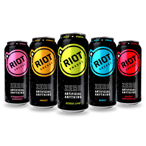 RIOT Clean Energy Drink – No Sucralose, No Sugar Added, No Artificial Flavors | 160mg Natural Caffeine + 100mg L-Theanine | Clean Focus, Stamina & Smooth Energy | 16 Fl Oz (Pack of 12) (Variety Pack)