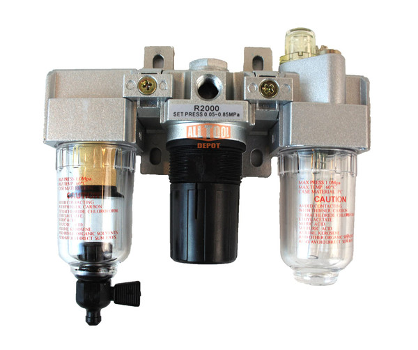 1/4" NPT Mini Compressed Air In Line Filter Regulator Lubricator Oiler Combo, Poly Bowl And Metal Body, 5 Micron Element, Adjustable From 7 to 140 PSI (MANUAL DRAIN)