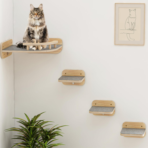 Megidok Cat Wall Furniture - Corner Climbing Shelf with 3 Wide Steps, Modern Floating Stairs for Indoor Cats up to 30 Lbs - Wood Color
