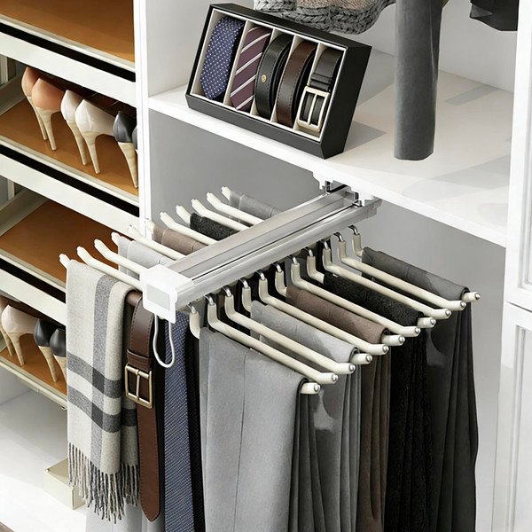 22 Arms Steel Slide Out Pants Rack Closet Pants Hanger Bar Pull Out Trousers Rack Tie Belts Scarf Racks, Top Mounted Wardrobe Clothes Organizers Rail Pull Out Closet Storage Rod-Beige