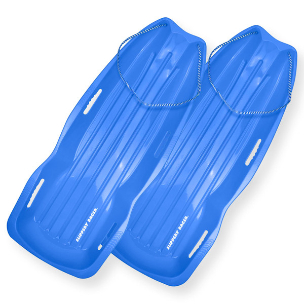 Slippery Racer Downhill Xtreme Flexible Adults and Kids Plastic Toboggan Snow Sled for up to 2 Riders with Pull Rope and Handles (Blue, 2 Pack)