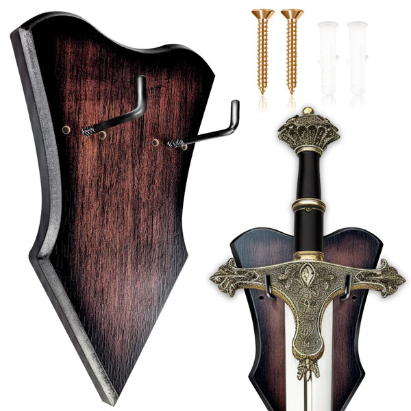 FLURSAILE Sword Plaque Wall Mount Vertical Display Holder Adjustable Stand for Bow Medieval Dagger Axe (1pcs Medium Brown)
