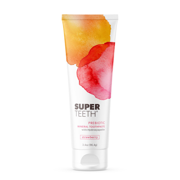 SuperTeeth Prebiotic Mineral Toothpaste for Adults and Kids | Antiplaque | Hydroxyapatite | Fluoride Free | SLS Free | Remineralizing | Oral Care | Made in USA | Strawberry SuperTeeth Prebiotic Mineral Toothpaste for Adults and Kids | Antiplaque | Hydroxyapatite | Fluoride Free | SLS Free | Remineralizing | Oral Care | Made in USA | Strawberry