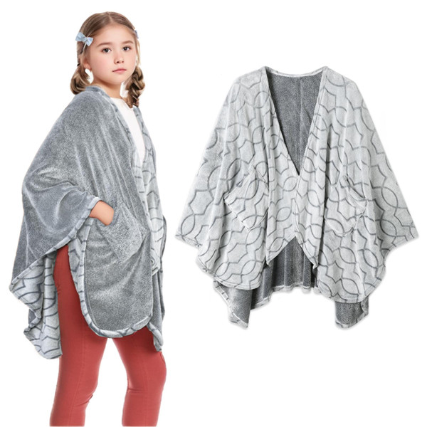 Bcareself Ultra Soft Flannel Reversible Shawl, with Pockets for Women & Men, Home & Travel Throw Blanket (Heather Grey, 58'' x 64'')