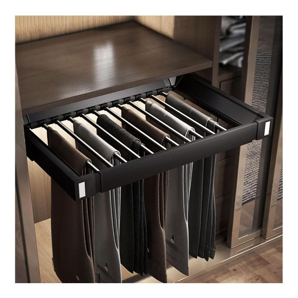 Pull Out Pants Rack for Closet, Retractable Wardrobe Trousers Rack Jeans Hanger for Cabinet Inner Width 33.5"~47.2", Space Saving Aluminum Alloy Closet Organizer (Black)