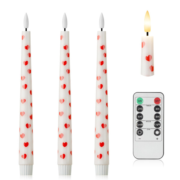 AFINETH Valentine Day Flameless Taper Candles with Heart, 9.6" Real Wax LED Candles with Remote, 3 Pack Flickering Battery Operated Candlesticks for Proposal Wedding Anniversary Romantic Night