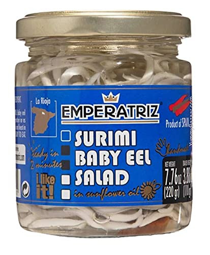 Emperatriz | Surimi Baby Eel Shaped in Vegetable Oil | weight: 7.76oz/220grs | drained: 3.88oz/110grs | Pack of 1