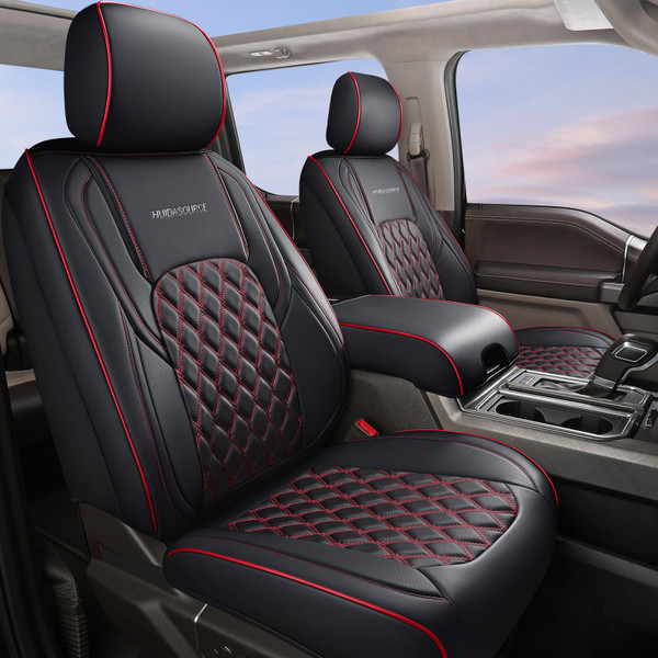 Huidasource 2018-2025 Wrangler JL Front Seat Covers, 2Pcs Front Seat Covers for Jeep Wrangler JL 2-Door/4-Door, Custom Fit Full Coverage Wrangler Seat Cushion Protector (Front Pair/Black&Red)