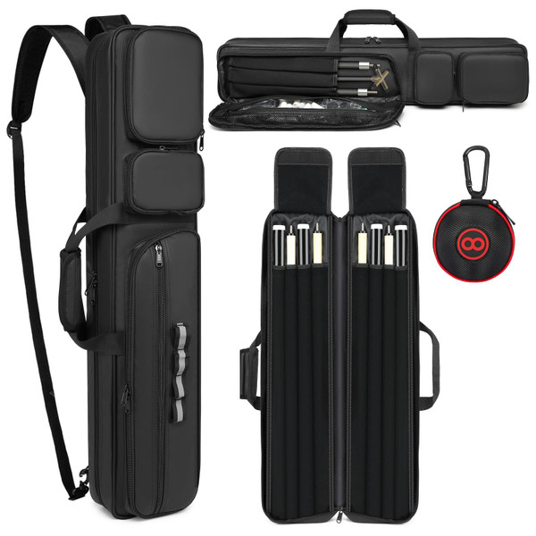 Pool Cue Case 4x4, Soft Padded Pool Stick Case,Pool Stick Case with Multiple Pockets Holds 4 Butts 4 Shafts, Soft Padded Sturdy Pool Cue Bag, Billiard Cue Backpack with Adjustable Shoulder Straps
