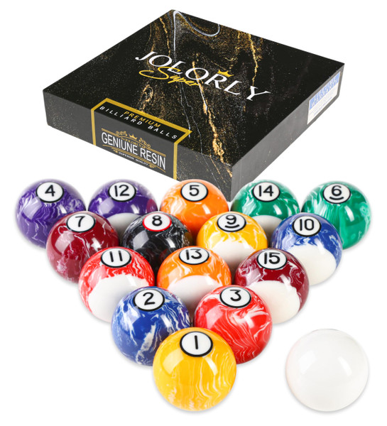 JOLORLY Pool Balls Billiard Set – 2-1/4" Regulation Size, 6 oz Professional Weight, AAA Grade Pure Resin, Pool Table Balls for Tournament, Bar, Game Room & Gifts (White Marble Swirl)