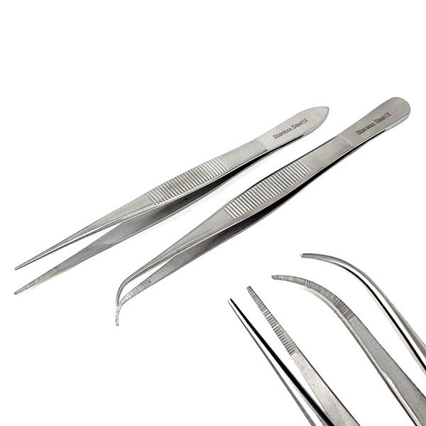 Set of 2 Micro Precision Surgical Forceps with Serrated Tips Stainless Steel Lab Tweezers - Strong Point Straight & Curved Tips- 5.5 Inch - Essential Labware Supplies & Lab Starter Kit Tweezers