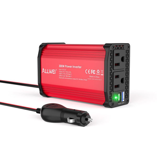 ALLWEI 300W Power Inverter DC 12V to 110V AC, Compact Car Plug Adapter Outlet with 27W PD USB-C &18W USB-A Fast Charging, Cigarette Lighter Adapter Car Charger for Phone, Laptop on Road Trip - Red ALLWEI 300W Power Inverter DC 12V to 110V AC, Compact Car Plug Adapter Outlet with 27W PD USB-C &18W USB-A Fast Charging, Cigarette Lighter Adapter Car Charger for Phone, Laptop on Road Trip - Red