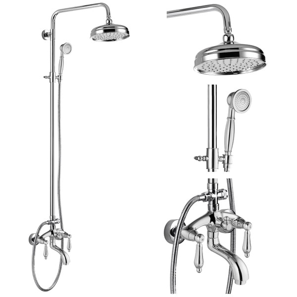 gotonovo Polished Chrome Exposed Pipe Bathroom Shower System Wall Mount 8’’ Round Shower Head Triple Function Mixer Shower Faucet Sets with 2 Lever Knobs Handheld Sprayer with Tub Spout
