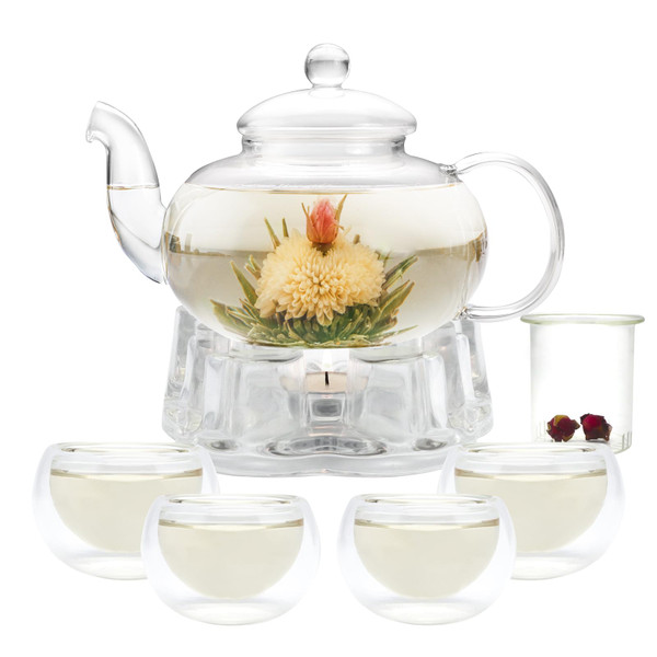 GURUDAR Glass Teapot Set, 34OZ/1000ML Glass Tea Kettle with Loose Tea Infuser & Warmer, 5OZ/150ML Double-Wall Tea Cup Set of 4, Stovetop & Microwave Safe Tea Maker, Blooming Tea Gift Set For Women