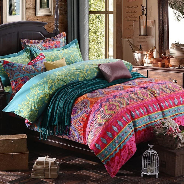 BupiRD Queen Size Boho Comforter Set - 3 Pieces Lightweight Exotic Yellow Orange Mandala Colorful Retro Boho Comforter and 2 Pillowcases for All Seasons