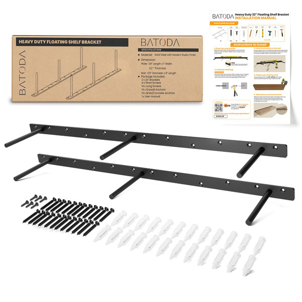 BATODA 32" Heavy Duty Floating Shelf Bracket (2 pcs) – Solid Steel Blind Shelf Supports - Hidden Brackets for Floating Wood Shelves Kitchen, Living Room - Shelving Mounting Hardware Included (Pack 2)