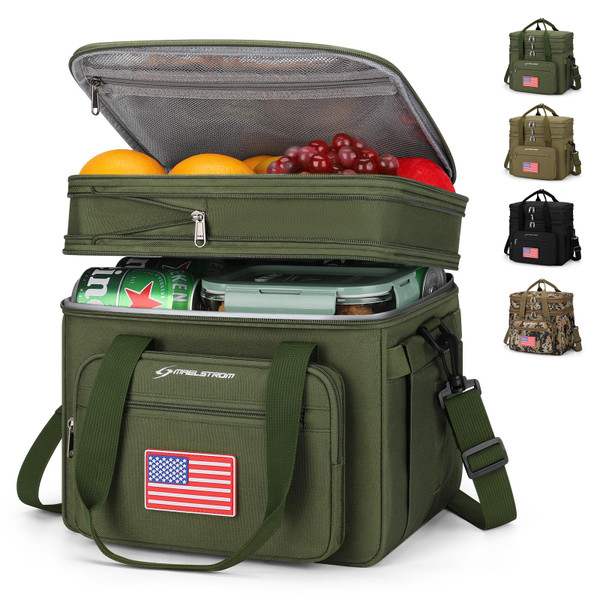Maelstrom Lunch Box, 23L Insulated Lunch Bag, Expandable Double Deck Cooler Bag, Lightweight Leakproof Tote Bag With Side Tissue Pocket, Suit For Men and Women (G.Army Green with DIY Hook-and-Loop)