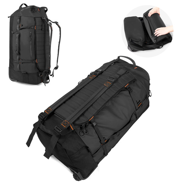 Vomgomfom 86L Foldable Duffle Bag with Wheels - Waterproof Rolling Travel Bag, Collapsible Luggage No Telescopic Handle, for Men Women Camping Sports Weekend Trips,Black