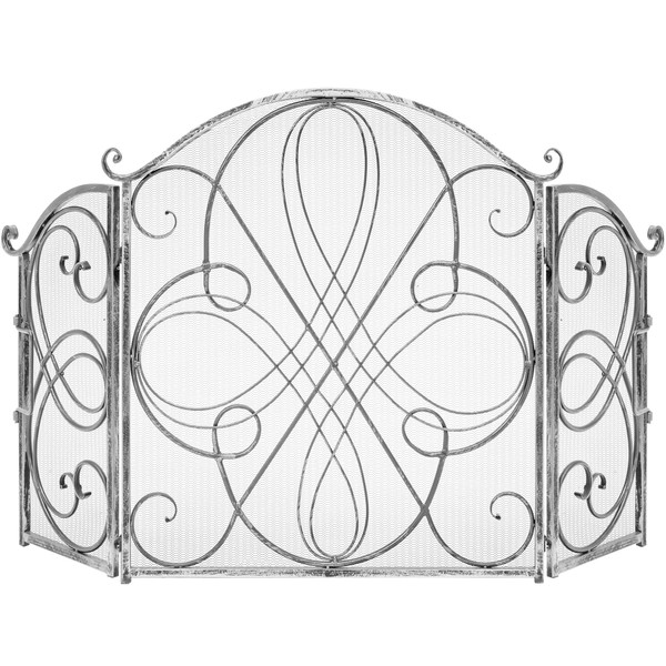 Best Choice Products 3-Panel 55x33in Solid Wrought Iron See-Through Metal Fireplace Screen, Spark Guard Safety Protector w/Decorative Scroll - Pewter