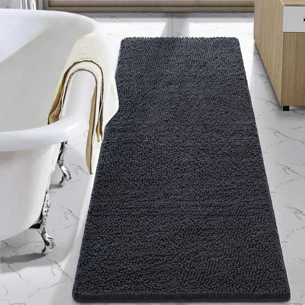LOCHAS Luxury Bathroom Rug Shaggy Bath Mat 24 x 60 Inch, Washable Non Slip Bath Rugs for Bathroom Shower, Soft Plush Chenille Absorbent Carpets Mats, Dark Grey