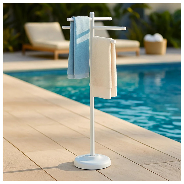 Sunivale Portable Towel Rack – Rustproof Portable Towel Drying Rack in White PVC Bars – Easy Assembly Outdoor Drying Racks for Poolside, Spa, Beach & Bathroom
