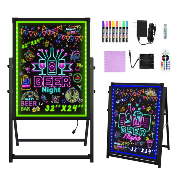 Hosim Standing A-Frame LED Message Writing Board, 32”x 24" Illuminated Erasable Neon Restaurant Menu Sign Board with 8 Colors Markers & 16 Lighting Colors DIY Chalkboard Light Up Sign