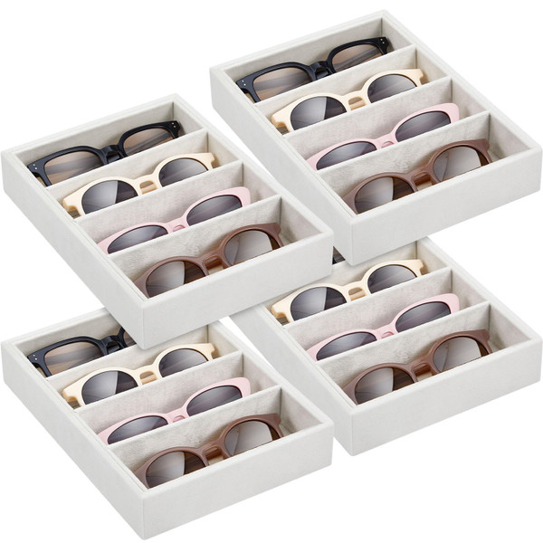 Amylove 4 Pcs Beige Sunglass Organizer Trays 4 Grids Velvet Glasses Holder Jewelry Display Organizer Eyeglasses Storage Box Drawer