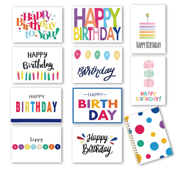 100 Birthday Cards, Happy Birthday Cards Bulk with Short Message Inside, 5x7 Inch Thick Card Stock Assorted Birthday Cards with Envelopes,10 Unique Designs for Men and Women.