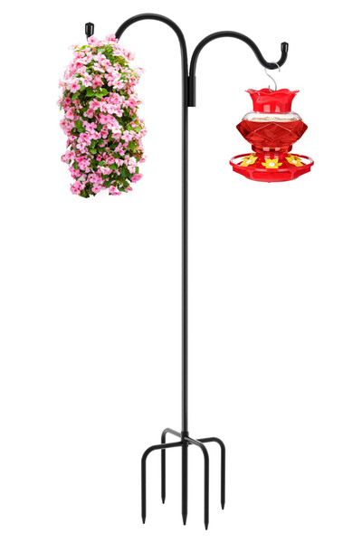 Gtongoko Double Shepherds Hook for Outdoor, 108 Inch Bird Feeder Pole with 5 Prongs Base, 5/8 Inch Thick Heavy Duty Adjustable Garden Hook for Hanging Plant, Lantern, Hummingbird Feeder, 1 Pack