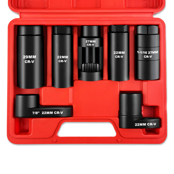 WETT Oxygen Sensor Socket Set, 7-Piece Oil Pressure Sensor Removal Tool, 3/8" 1/2" Drive, 22mm (7/8"), 27mm 29mm, 6 Point & 12 Point, Automotive O2 Sensor Wrench Removal Sockets