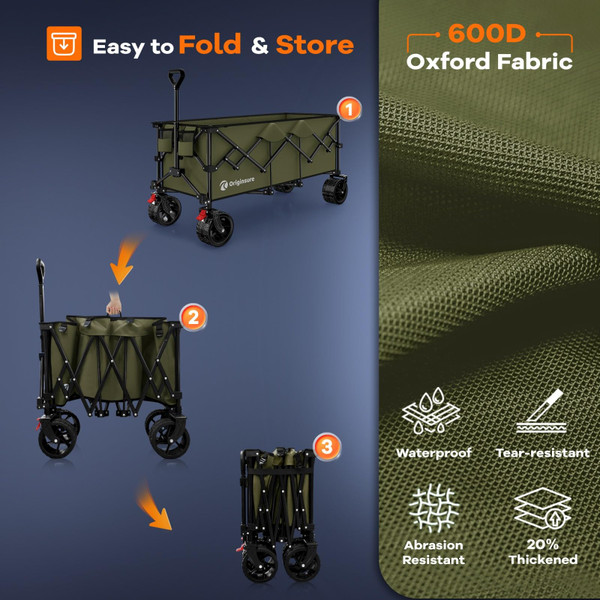 48" L Collapsible Wagon Cart Foldable, 560lbs Weight Capacity 300L Heavy Duty Folding Beach Wagons with Big All-Terrain Wheels, Utility Carts for Groceries, Shopping, Camping, Sports - Green