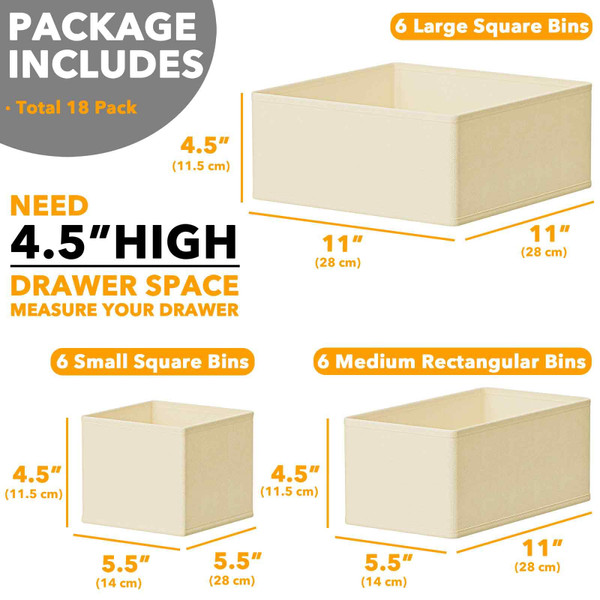 SpaceAid Drawer Organizer for Clothes, 18 Pack Dresser Drawer Organizer Bins, Closet Organizers and Storage Dividers for Clothing, Underwears, Socks (Beige)