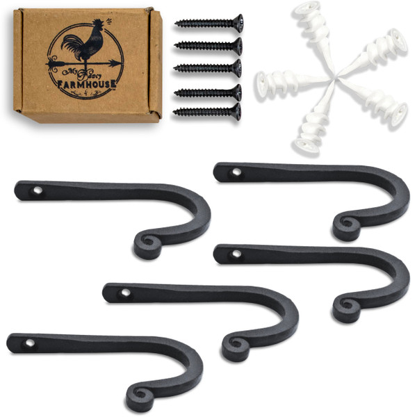 Larger Railroad Spike Cast Iron Hooks (5 Pack) Handmade Blacksmith, Wall Mounted, Farmhouse Decor Cast Iron Wall Hooks, Vintage Hooks for Hanging (Black)