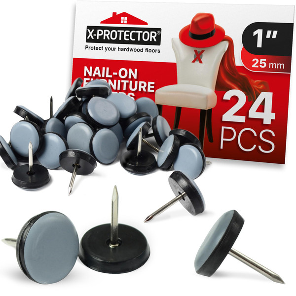 Chair Glides X-Protector – 1" Furniture Glides 24 pcs – Grey Nail-on Chair Sliders – Premium Chair Leg Floor Protectors – Slide Effortlessly with Chair Leg Pads That Protect Your Floor!