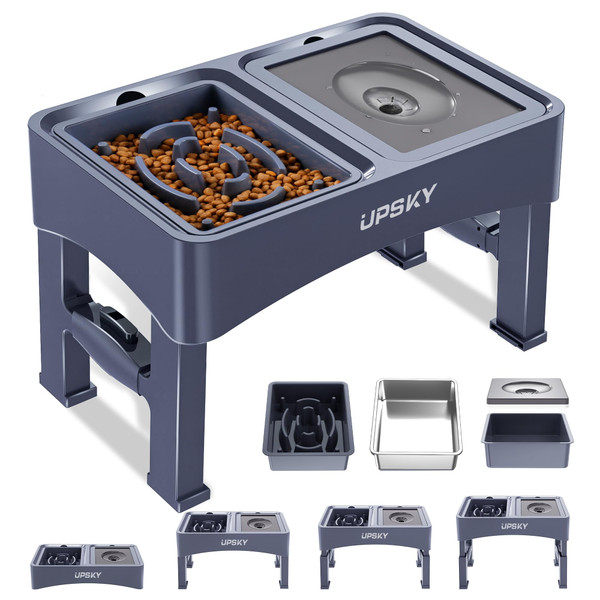UPSKY 3-in-1 Elevated Dog Bowls Slow Feeder, Adjustable Stand, Stainless Steel Food & No Spill Pet Water Bowl for Small Medium Dogs, Blue
