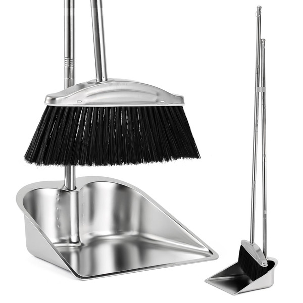 VOOWO Broom with Dustpan Combo Set, 46" Stainless Steel Broom and Dustpan Set for Home, Heavy Duty Dust Pan with Long Handle, Broom for Sweeping Indoor and Outdoor, Kitchen Broom and Dust Pan (Black)