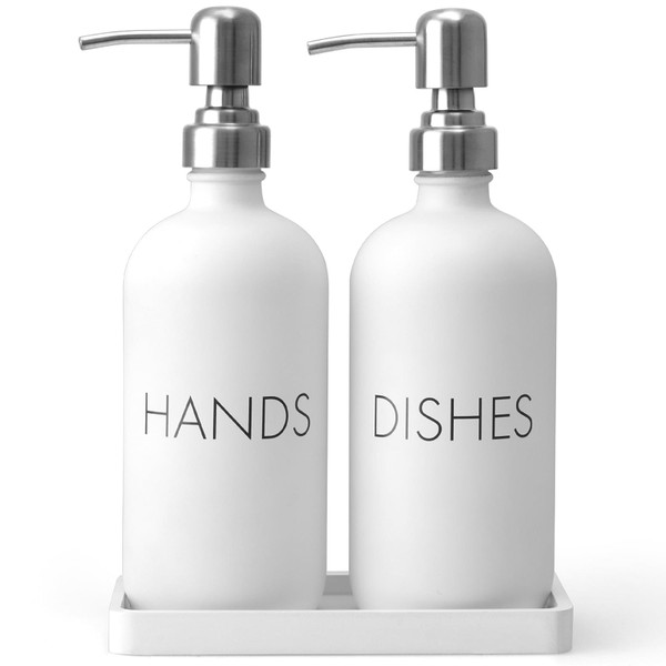 White Dish and Hand Soap Dispenser Set - Glass Kitchen Soap Dispenser with Tray and Stainless Steel Pump - for White Kitchen Decor and Accessories