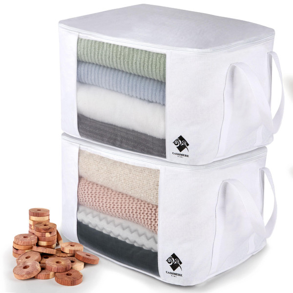Sweater Storage for Closet – 2 Large Cotton Garment Bags, 30 Cedar Rings, & Mesh Window for Cashmere Sweaters – Wool & Cotton Sweater Organizer by Cashmere Kiwi, 15 x 11 x 9 In
