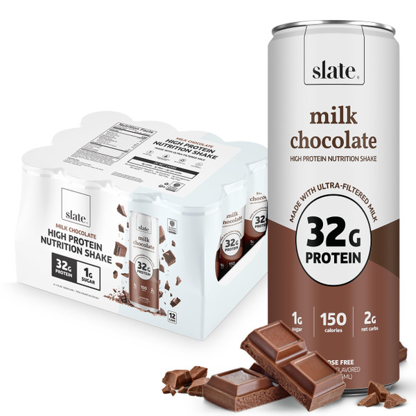 Slate Milk - High Protein Nutrition Shake - Milk Chocolate - 32g Protein, 1g Sugar, 150 Calories, 2g Net Carbs - Lactose Free - No Added Sugar - Breakfast Boost, Post Workout - 11 fl oz, 12 Cans