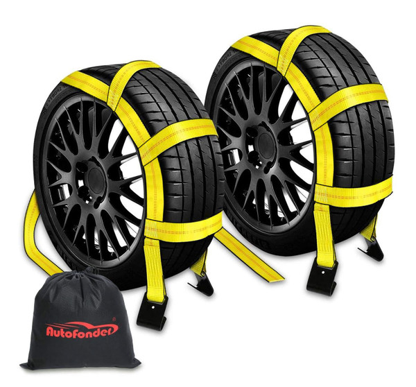 Autofonder 2Pc Tow Dolly Basket Straps with Flat Hook for 14"-17" Tires -10,000 lbs Breaking Strength Tire Bonnet&Tire Net -2” Over Wheel Car Basket Tie Down Straps with Carrying Bag