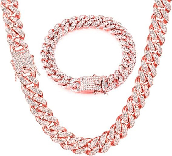 GIHENHAO 2pcs Cuban Link Chain for Men, Rose Gold Necklace and Bracelet, Miami Cuban Chains, Bling Diamond Chain for Hip Hop Jewelry GIHENHAO 2pcs Cuban Link Chain for Men, Rose Gold Necklace and Bracelet, Miami Cuban Chains, Bling Diamond Chain for Hip Hop Jewelry