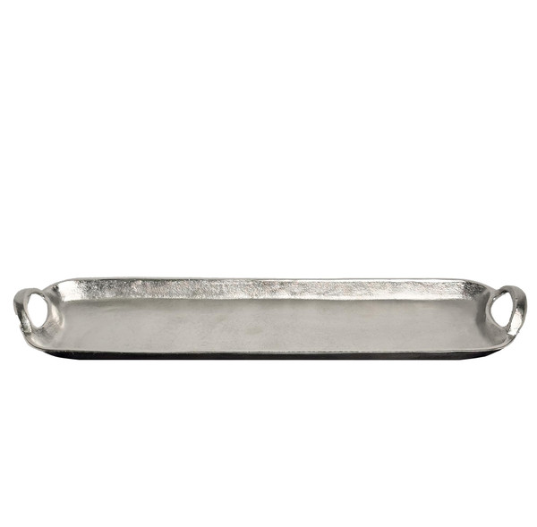 India Handicraft Modern Classic Decorative Serveware 23.5 x 6 Inch Aluminum Long Oval Serving Tray with Handles, Silver Tone