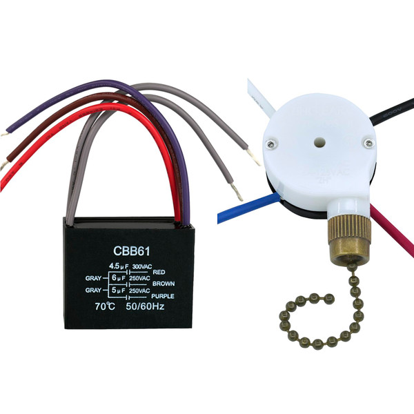 Ceiling Fan Capacitor CBB61 4.5uf + 6uf + 5uf 5 Wire 250V, ZE-208S E89885 Ceiling Fan Switch 3 Speed 4 Wire Pull Chain Switch for Wall Lamps, Light, Fan (Bronze)