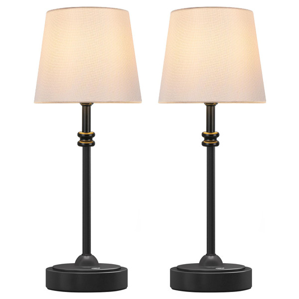 ONEWISH Cordless Table Lamps Set of 2 - Battery Powered Lamp, 4000mAh Rechargeable, Stepless Dimmable, Wireless Lamp with Fabric Shade, Warm Ambient Light for Bedside, Dining, Patio, Bathroom(Black)
