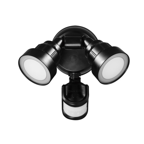 Globe Electric 180-Degree 15W Twin Head Black 1400 Lumens Hardwired Motion Activated Outdoor Integrated LED Flood Light Security Light, Outdoor, Outside House Lights