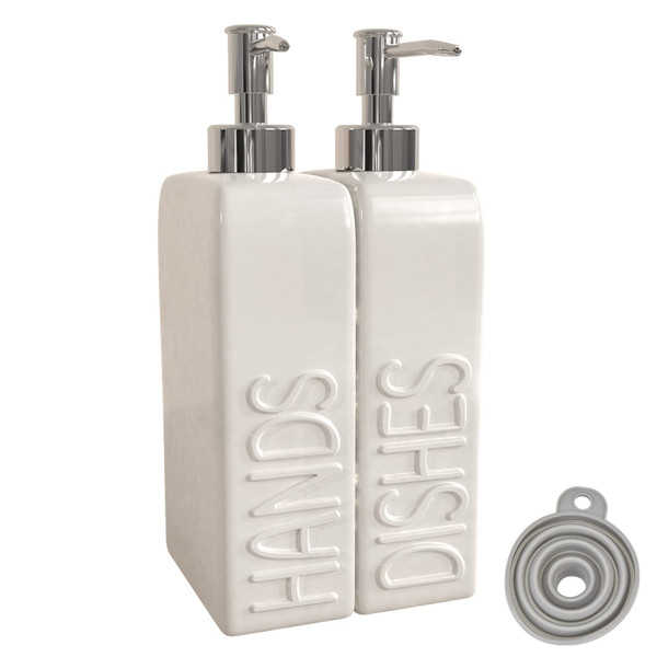 Karisky Soap Dispenser Set with Stainless Steel Pump, 2 Pack Ceramic Refillable Dish Soap and Hand Soap Dispenser for Kitchen, Bathroom, Matte White
