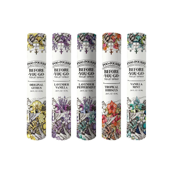 Poo-Pourri Before-You-Go Toilet Spray, Travel Essentials, .34 Fl Oz, In A Pinch Variety 5 Pack, Each Up to 20 Uses, On-The-Go Bathroom Odor Deodorizer with Essential Oils, TSA Approved Size, 5 Scents