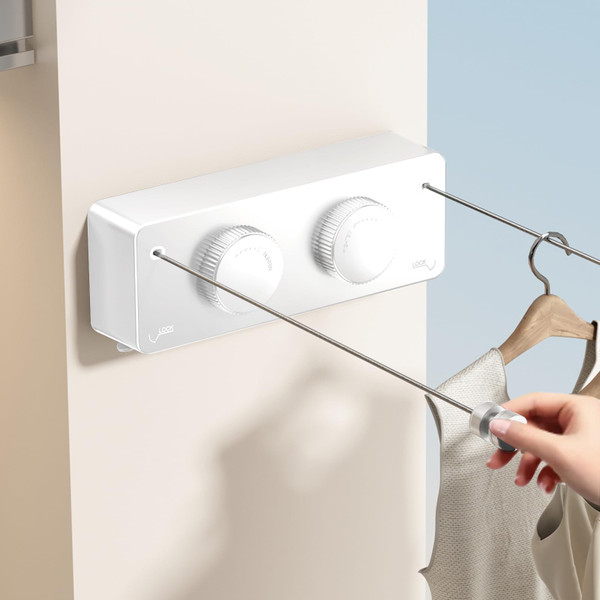 MUSTORN Retractable Clothesline Indoor, Non-Sagging Twin Clothes Line Retracting Outdoor Heavy Duty Clothes Drying Laundry Line Wall Mounted Stainless Steel Double Line-13.8 ft(White)
