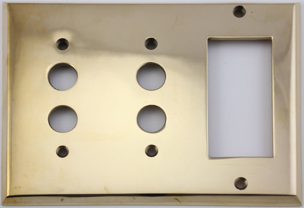Unlacquered Polished Brass 3 Gang Combination Switch Plate - 2 Push Button Light Switch Openings 1 GFI Opening